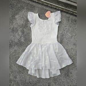 MdnMd Bow Print Girls Ruffle Sleeve Ballet Dance Dress Tutu Skirted Leotard. Whi